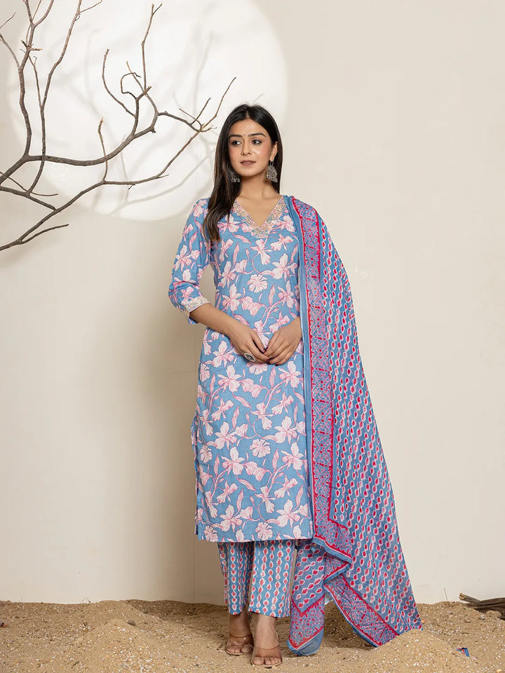 Cotton Blue Regular Kurta Dupatta Pant Set