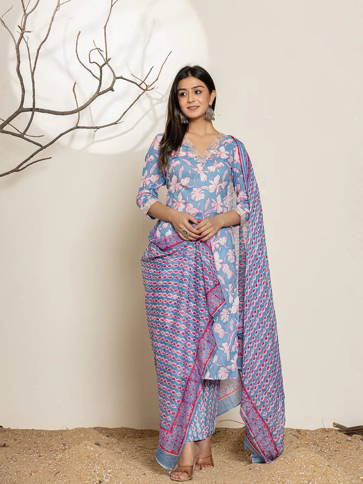 Cotton Blue Regular Kurta Dupatta Pant Set