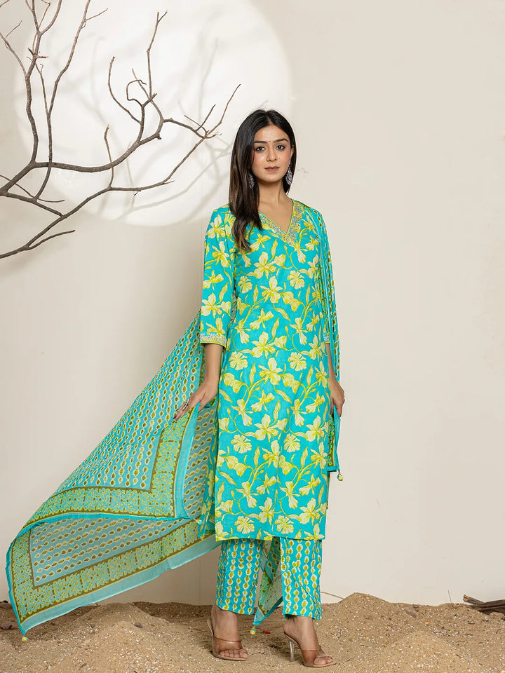 Cotton Green embroidered Regular Kurta Dupatta Pant Set