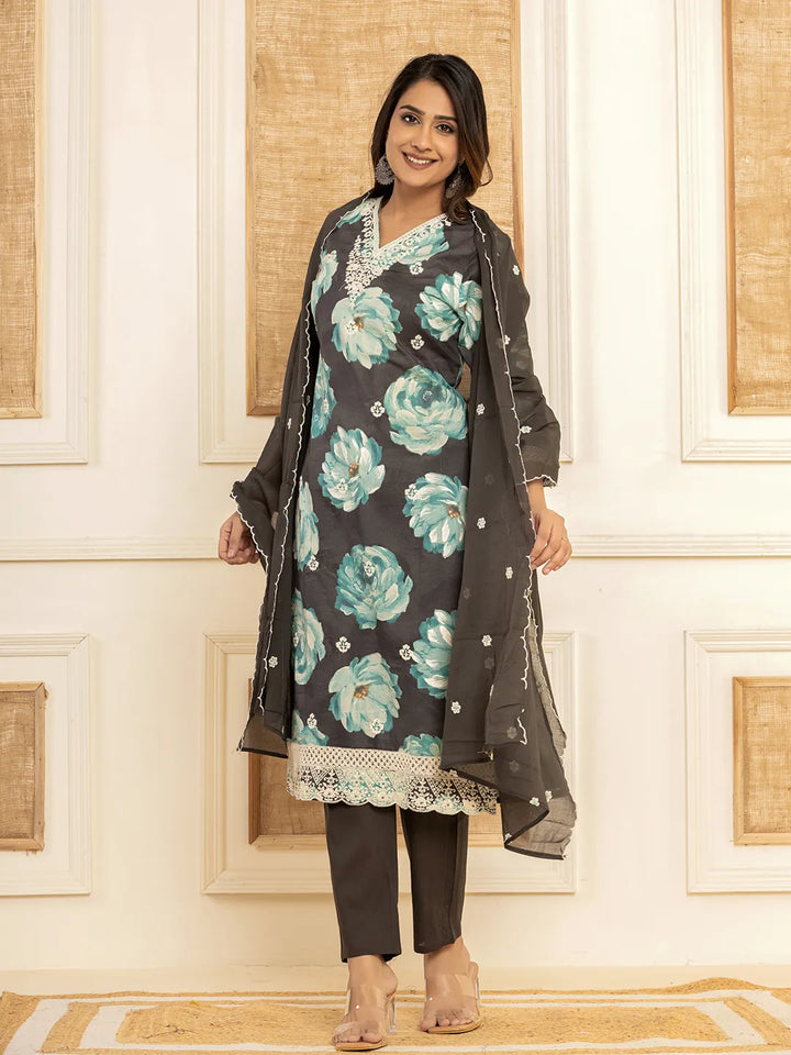 Black Floral Print Cotton Straight Side Slits Kurta And Trouser With Dupatta Set-Yufta Store-6974SKDBKM