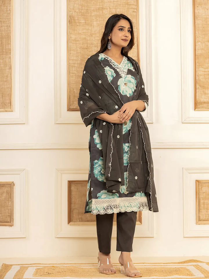 Black Floral Print Cotton Straight Side Slits Kurta And Trouser With Dupatta Set-Yufta Store-6974SKDBKM