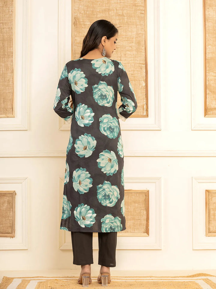 Black Floral Print Cotton Straight Side Slits Kurta And Trouser With Dupatta Set-Yufta Store-6974SKDBKM