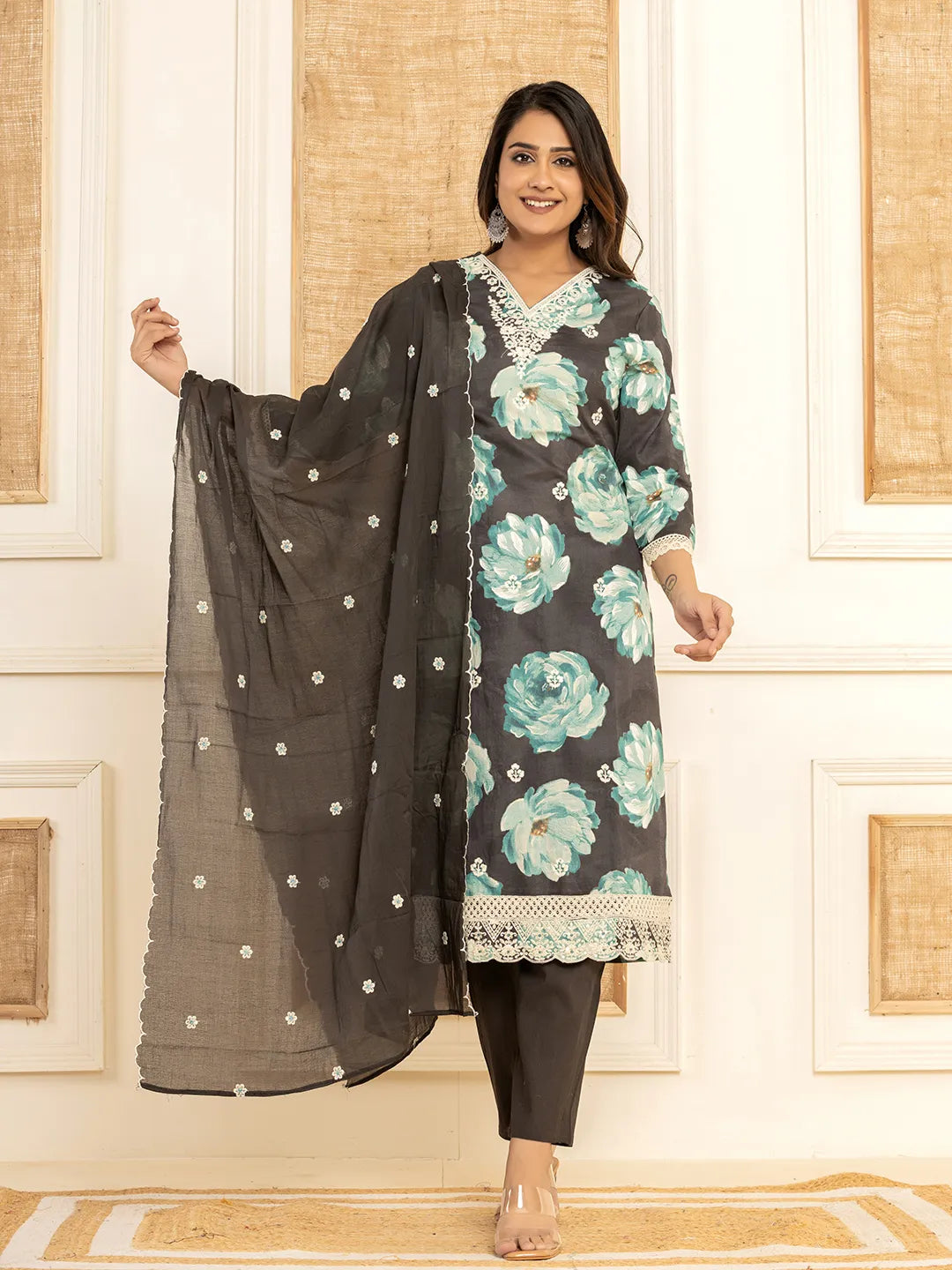 Black Floral Print Cotton Straight Side Slits Kurta And Trouser With Dupatta Set-Yufta Store-6974SKDBKM