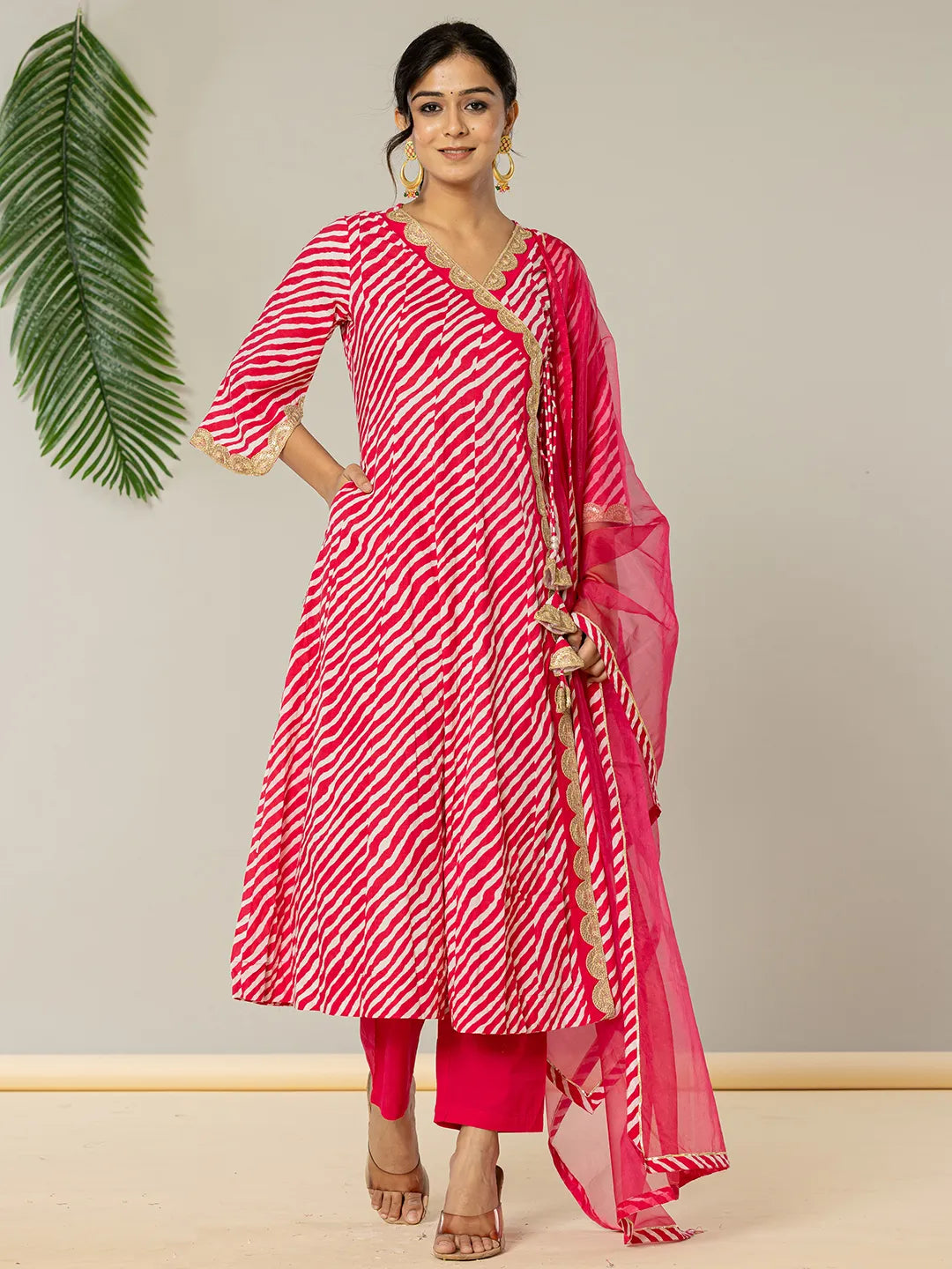 Cotton Leheriya Hot Pink Kurta Dupatta Pant Set