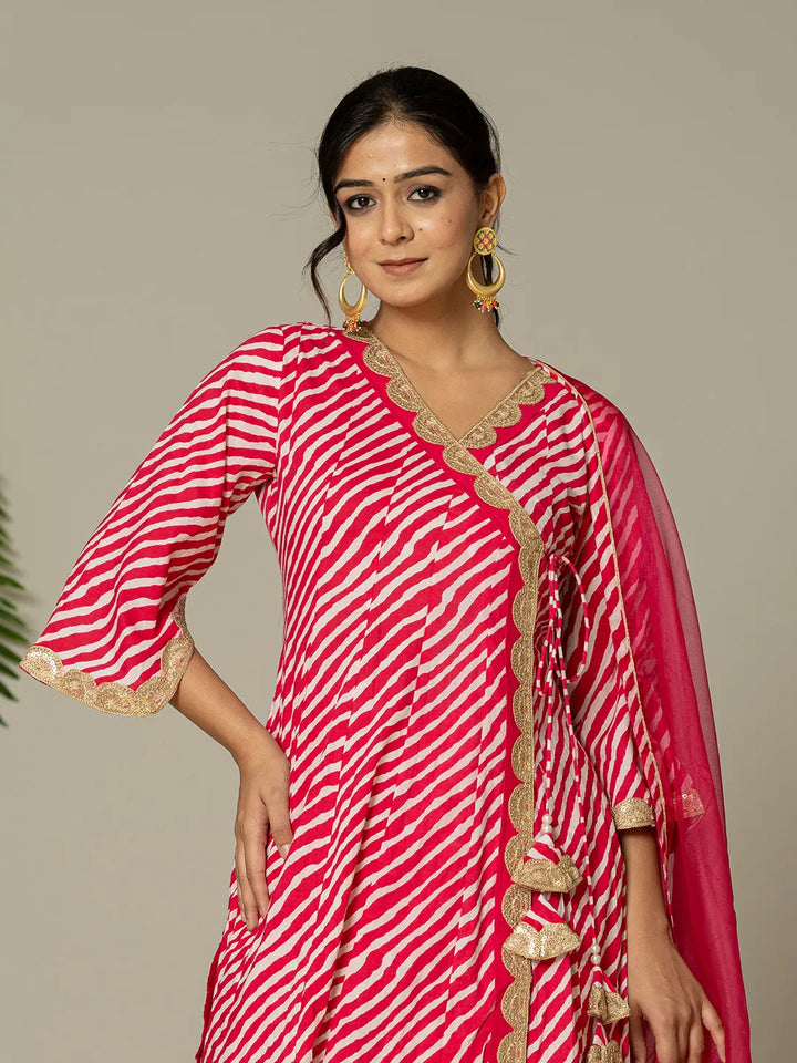 Cotton Leheriya Hot Pink Kurta Dupatta Pant Set