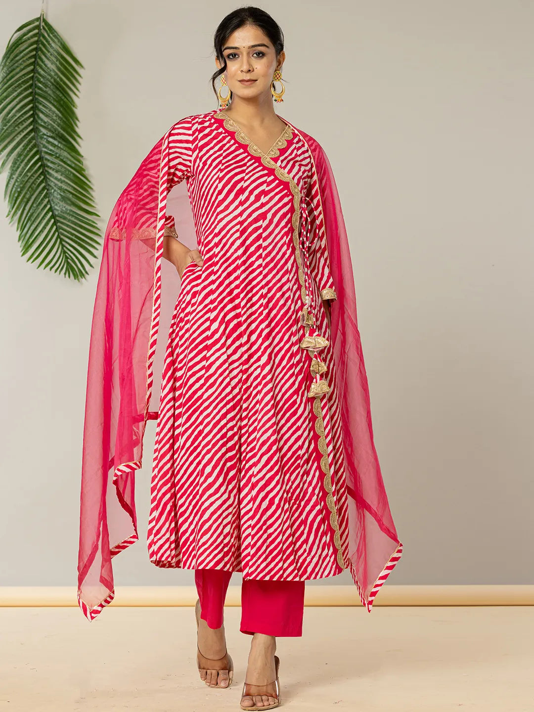 Cotton Leheriya Hot Pink Kurta Dupatta Pant Set