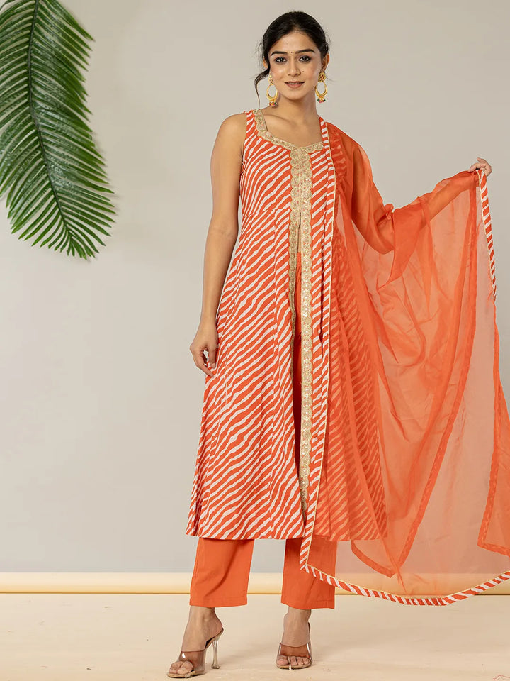 Cotton Leheriya Orange Kurta Dupatta Set