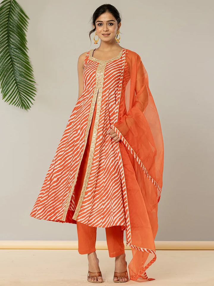 Cotton Leheriya Orange Kurta Dupatta Set