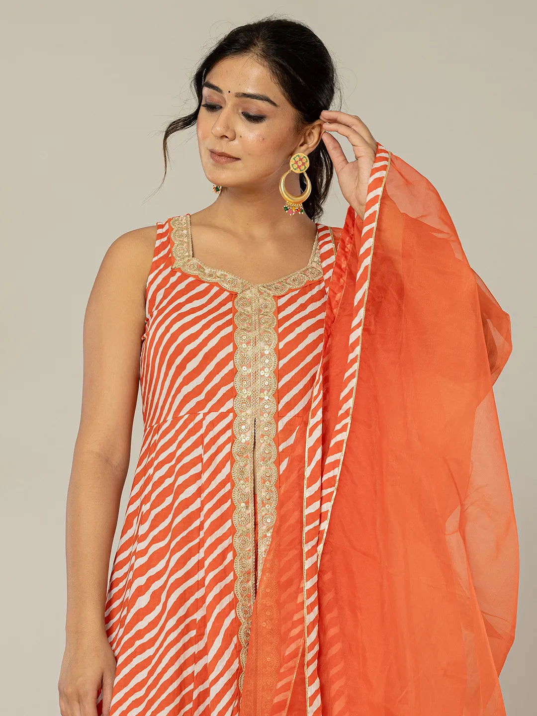 Cotton Leheriya Orange Kurta Dupatta Set