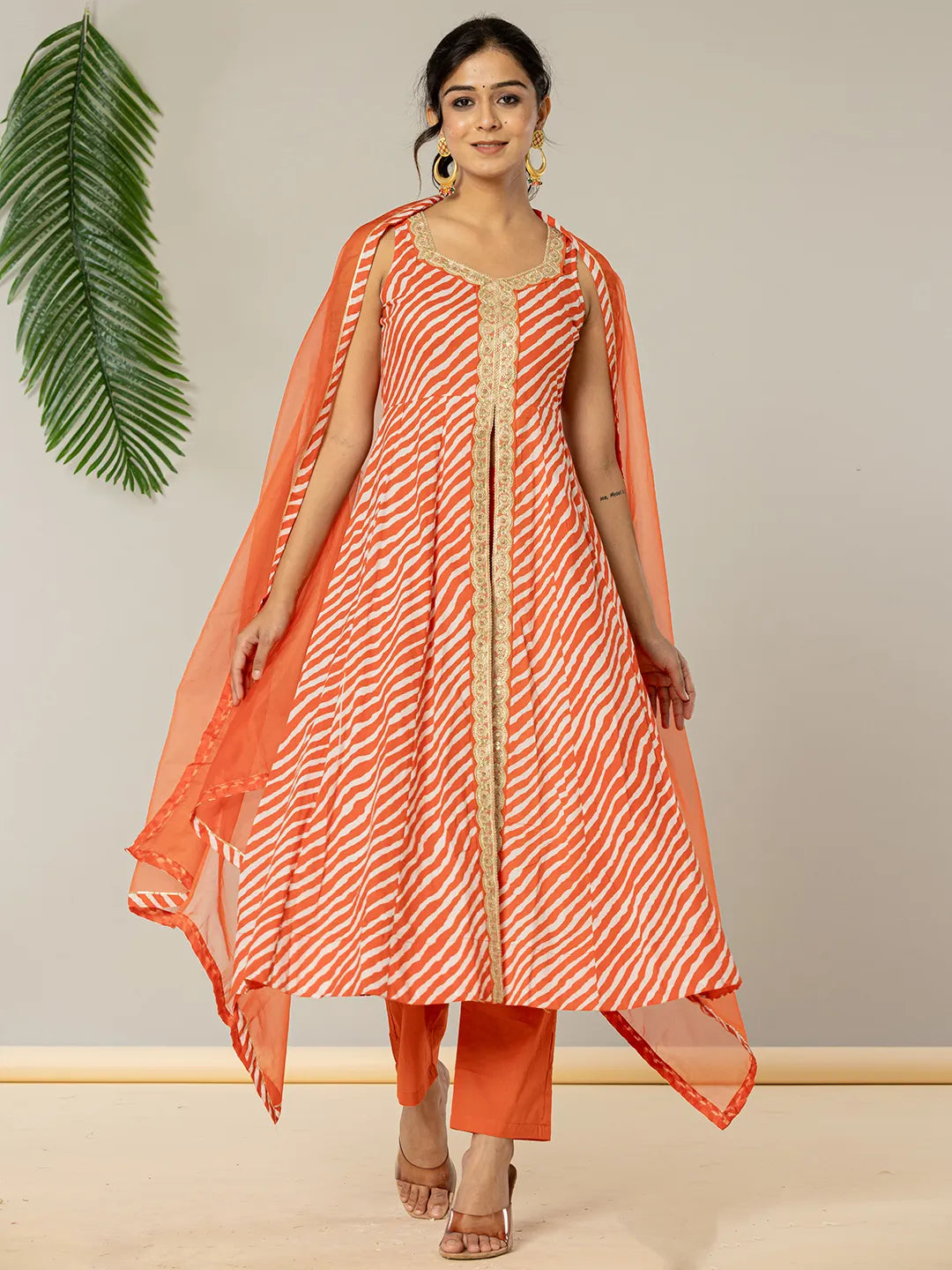 Cotton Leheriya Orange Kurta Dupatta Set