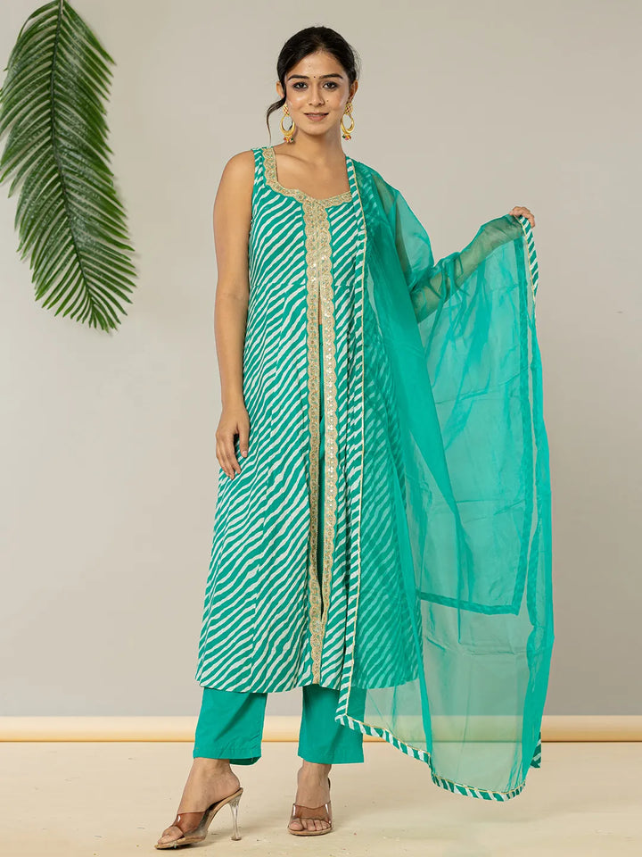 Cotton Leheriya Kurta Dupatta Pant Set