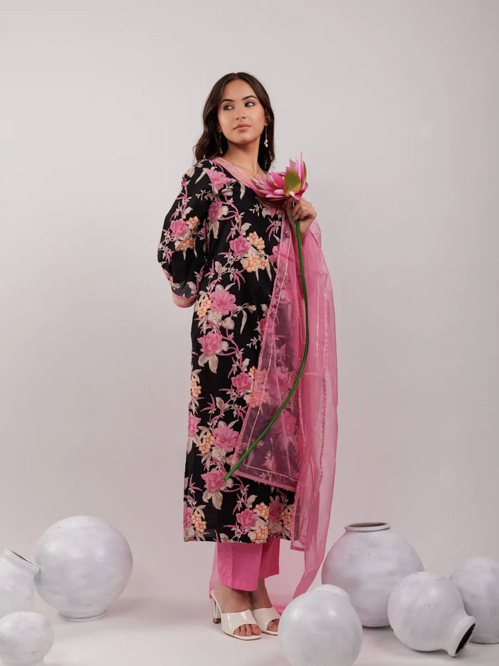 Black Floral Print Cotton Straight Kurta Trouser With Dupatta Set-Yufta Store-6981SKDBKS