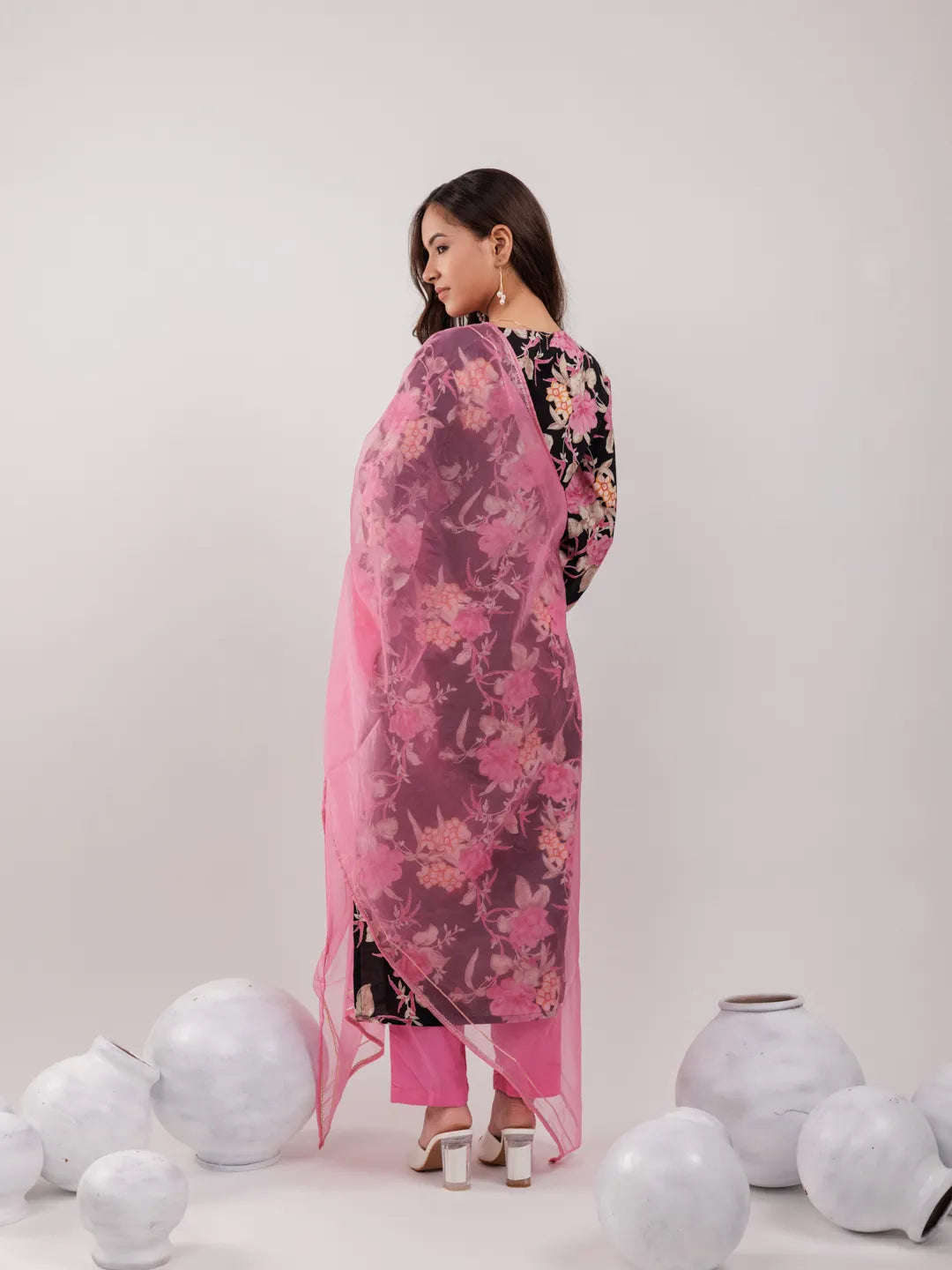 Black Floral Print Cotton Straight Kurta Trouser With Dupatta Set-Yufta Store-6981SKDBKS