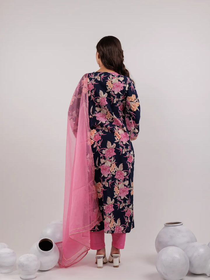 Navy Blue Floral Print Cotton Straight Kurta Trouser With Dupatta Set-Yufta Store-6981SKDNBS