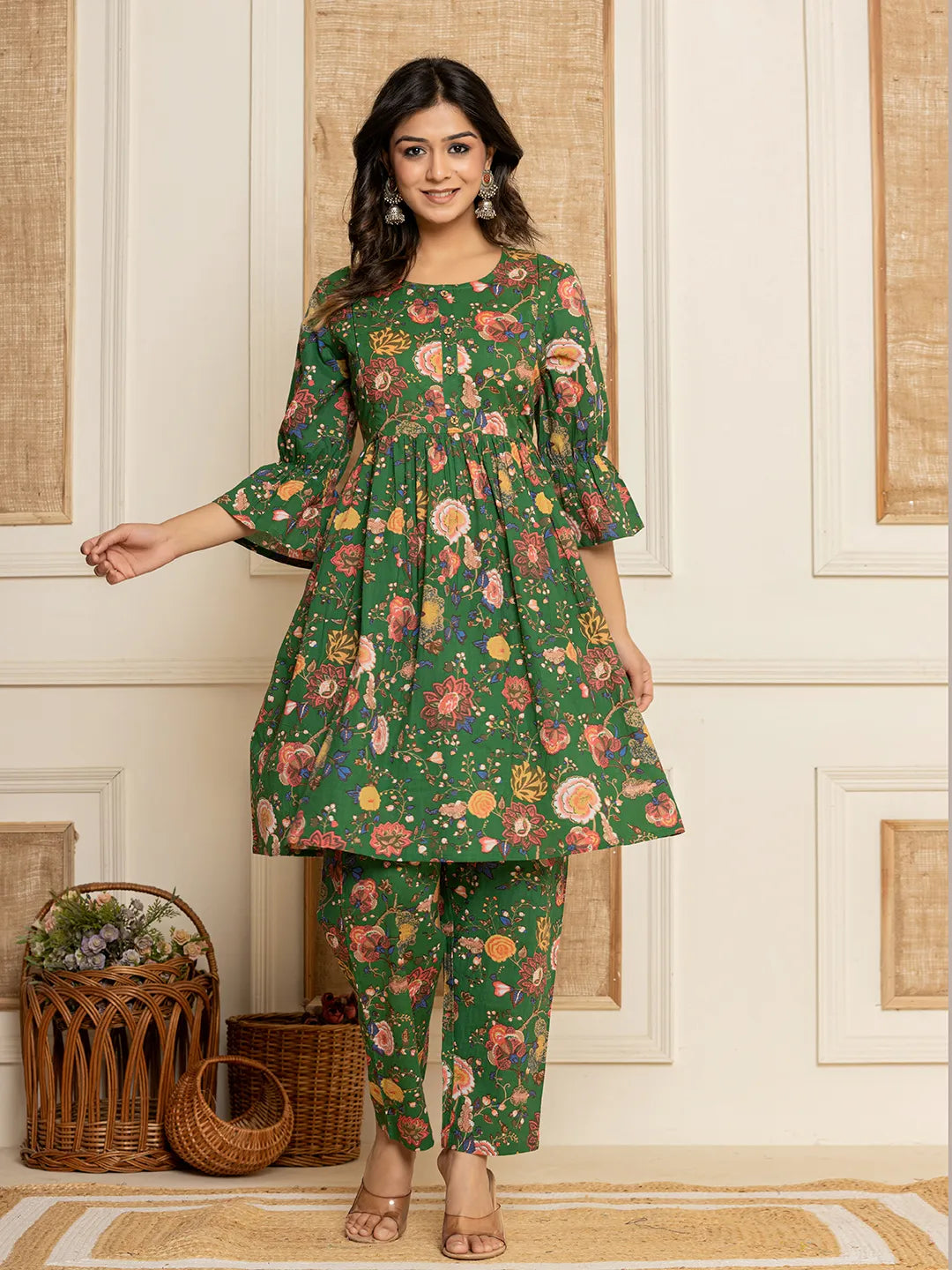 Green Cotton Maternity Kurta Pants Set-Yufta Store-6986SETGRS