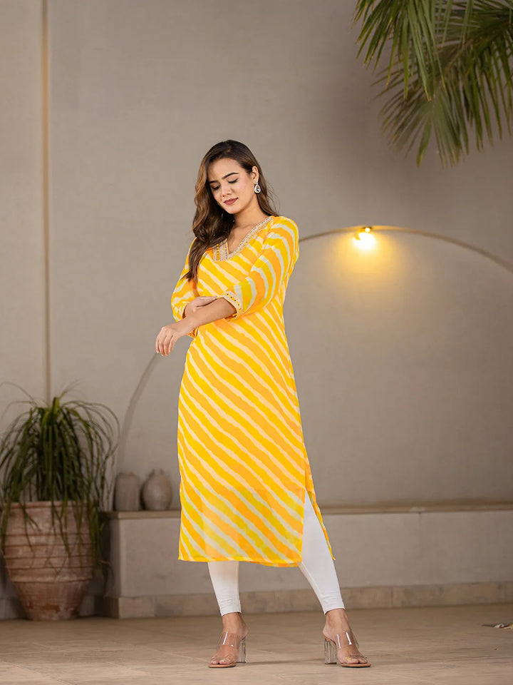 Yellow Georgette Lehriya Kurta-Yufta Store-6989KURYLS