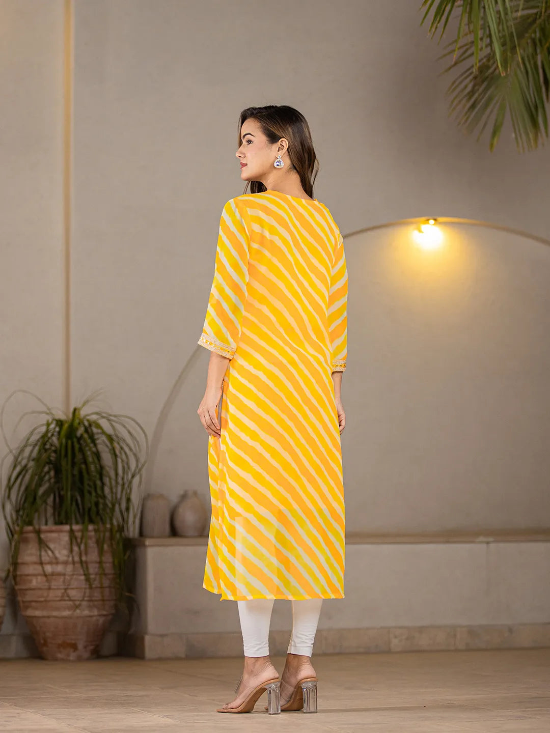 Yellow Georgette Lehriya Kurta-Yufta Store-6989KURYLS