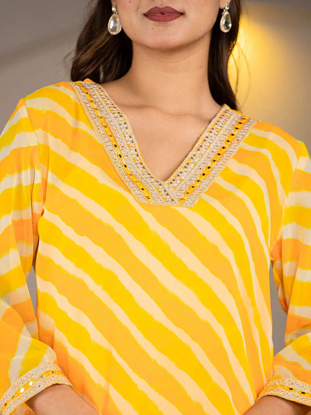 Yellow Georgette Lehriya Kurta-Yufta Store-6989KURYLS