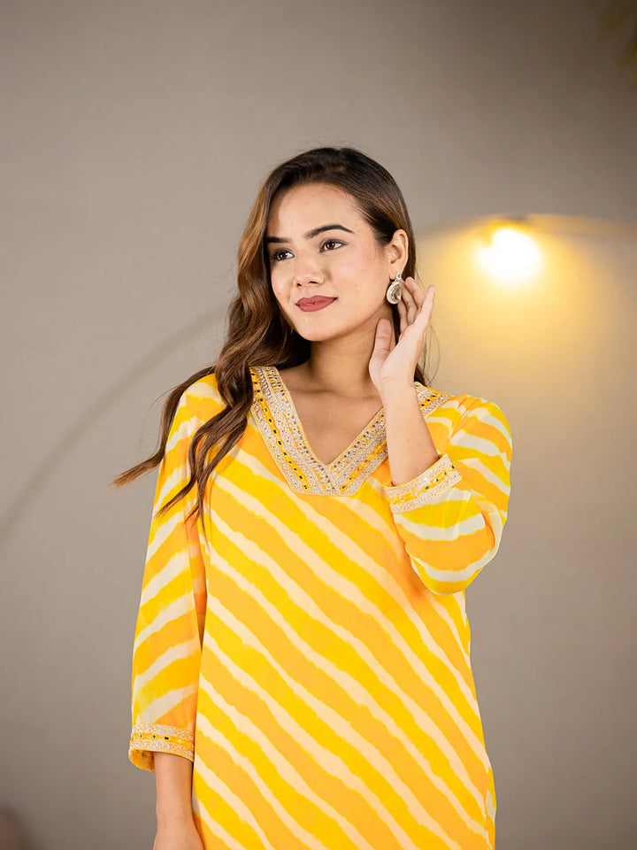 Yellow Georgette Lehriya Kurta-Yufta Store-6989KURYLS