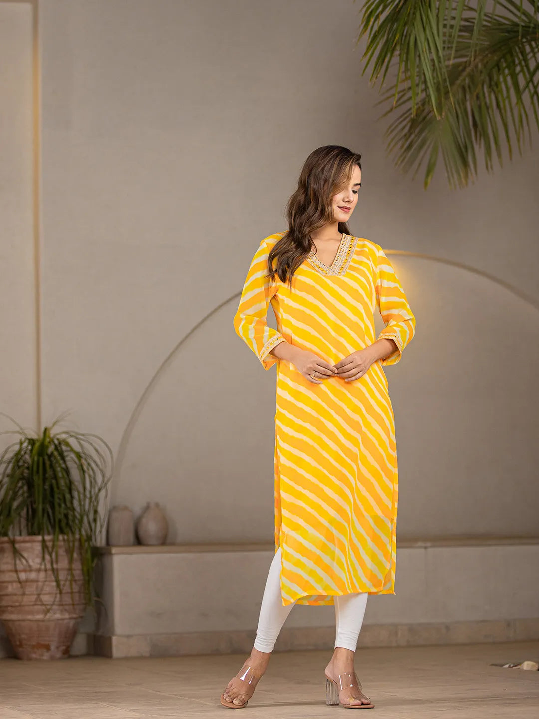 Yellow Georgette Lehriya Kurta-Yufta Store-6989KURYLS