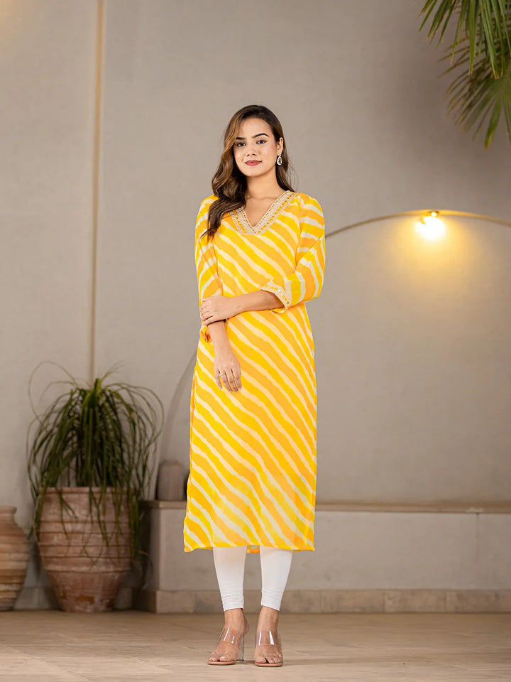 Yellow Georgette Lehriya Kurta-Yufta Store-6989KURYLS