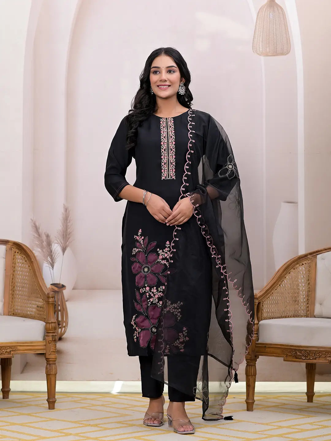 Black Embroidered Silk Blend Straight Kurta Dupatta Set-Yufta Store-6993SKDBKS