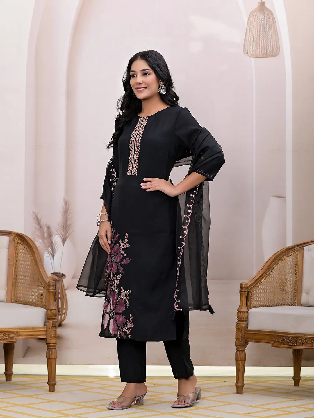 Black Embroidered Silk Blend Straight Kurta Dupatta Set-Yufta Store-6993SKDBKS