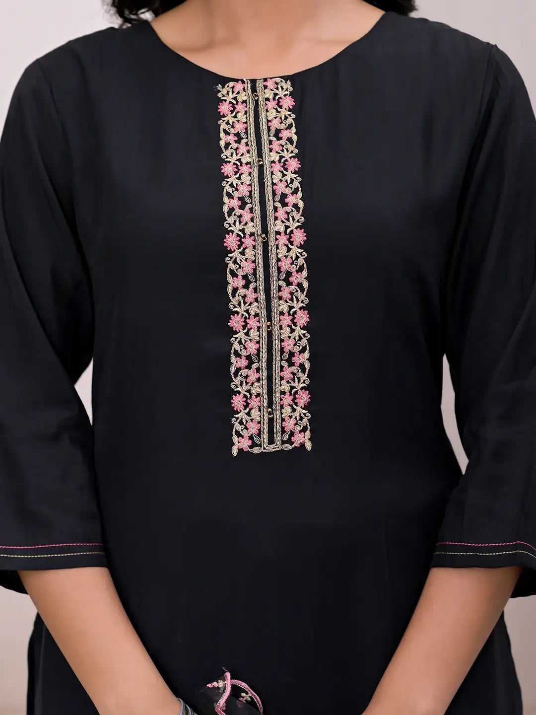 Black Embroidered Silk Blend Straight Kurta Dupatta Set-Yufta Store-6993SKDBKS