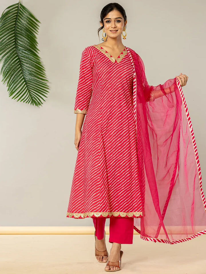 Pink Leheriya Print Cotton A-Line Suit Set