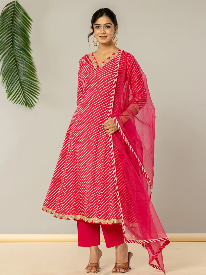 Pink Leheriya Print Cotton A-Line Suit Set