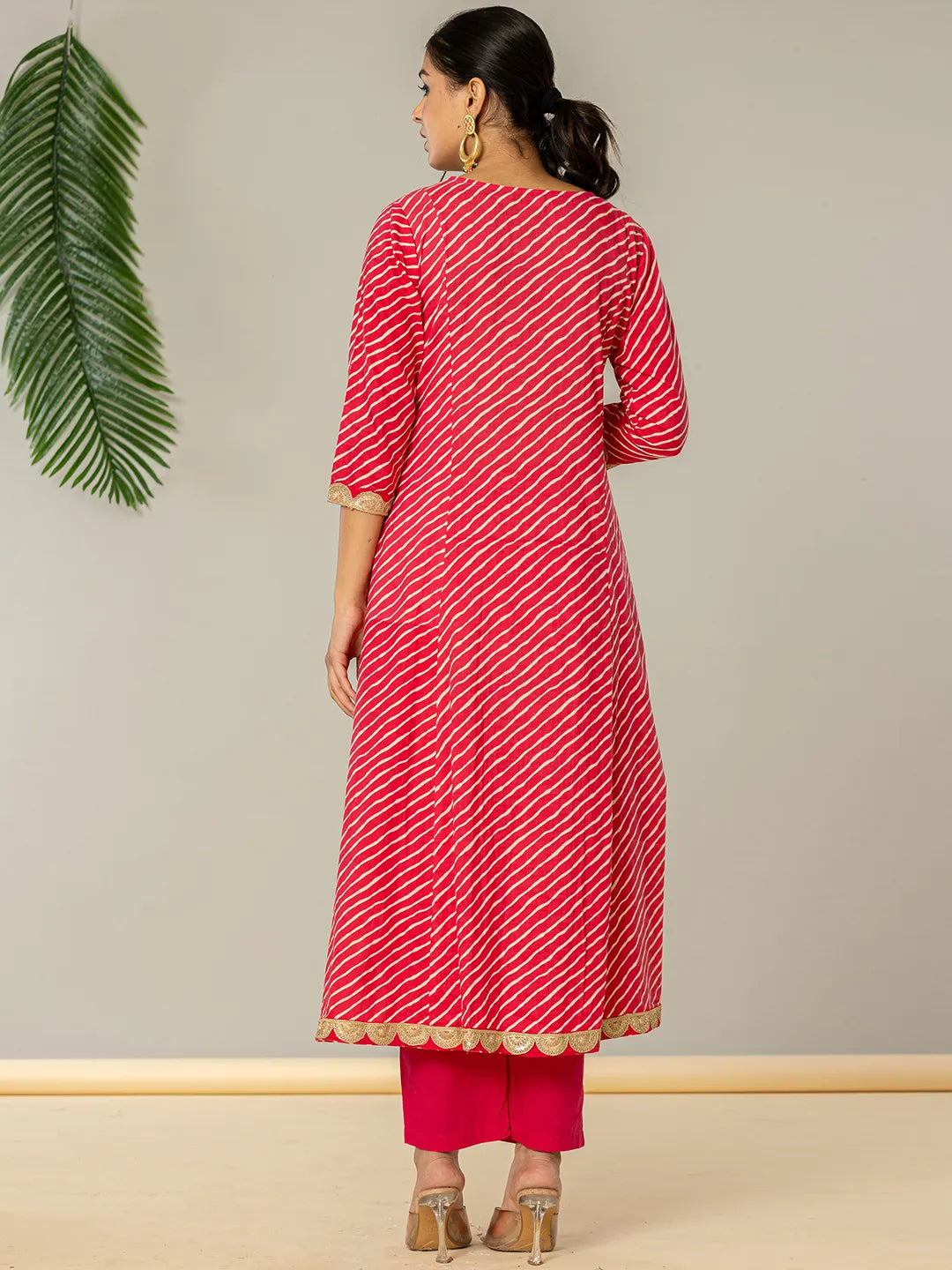 Pink Leheriya Print Cotton A-Line Suit Set