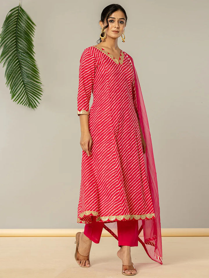 Pink Leheriya Print Cotton A-Line Suit Set