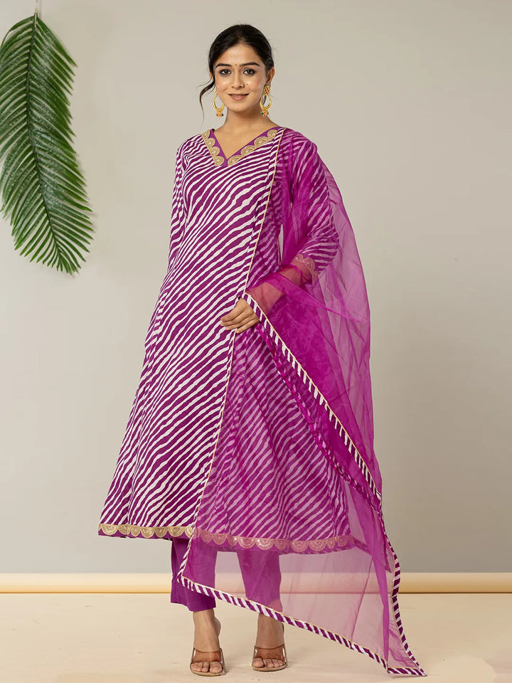 Purple Leheriya Print Cotton A-Line Suit Set