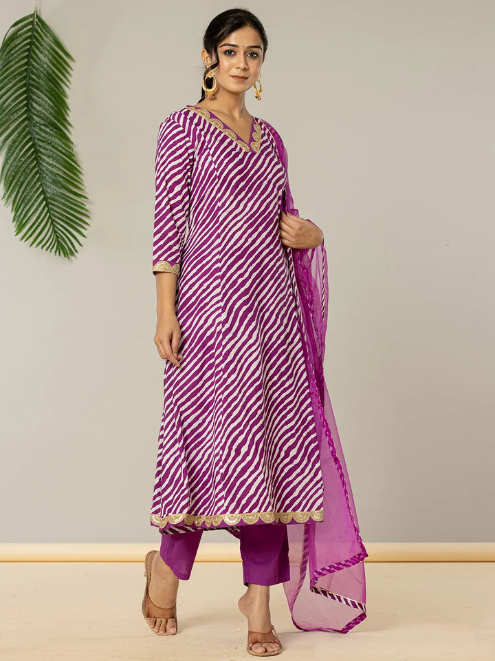 Purple Leheriya Print Cotton A-Line Suit Set