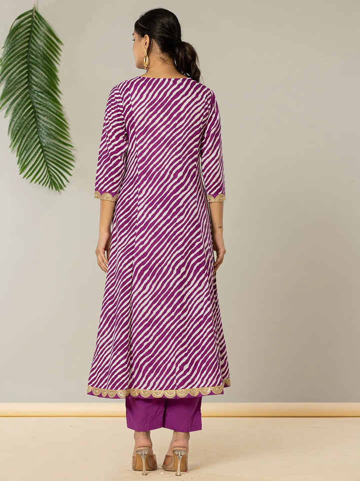 Purple Leheriya Print Cotton A-Line Suit Set