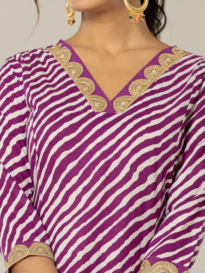 Purple Leheriya Print Cotton A-Line Suit Set