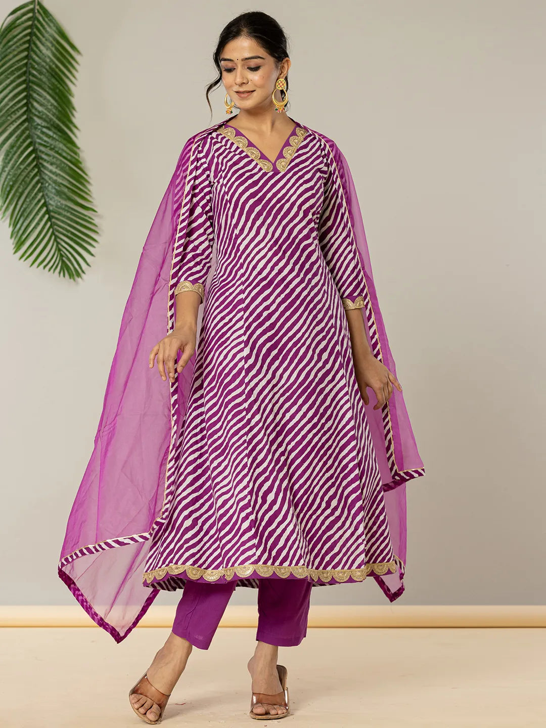 Purple Leheriya Print Cotton A-Line Suit Set