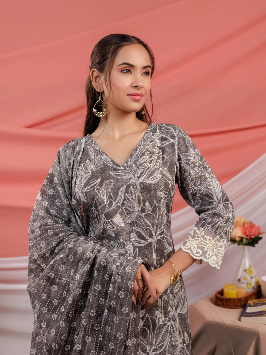 Grey Floral Print Cotton Straight Kurta Trouser Dupatta Set-Yufta Store-7035SKDGYS