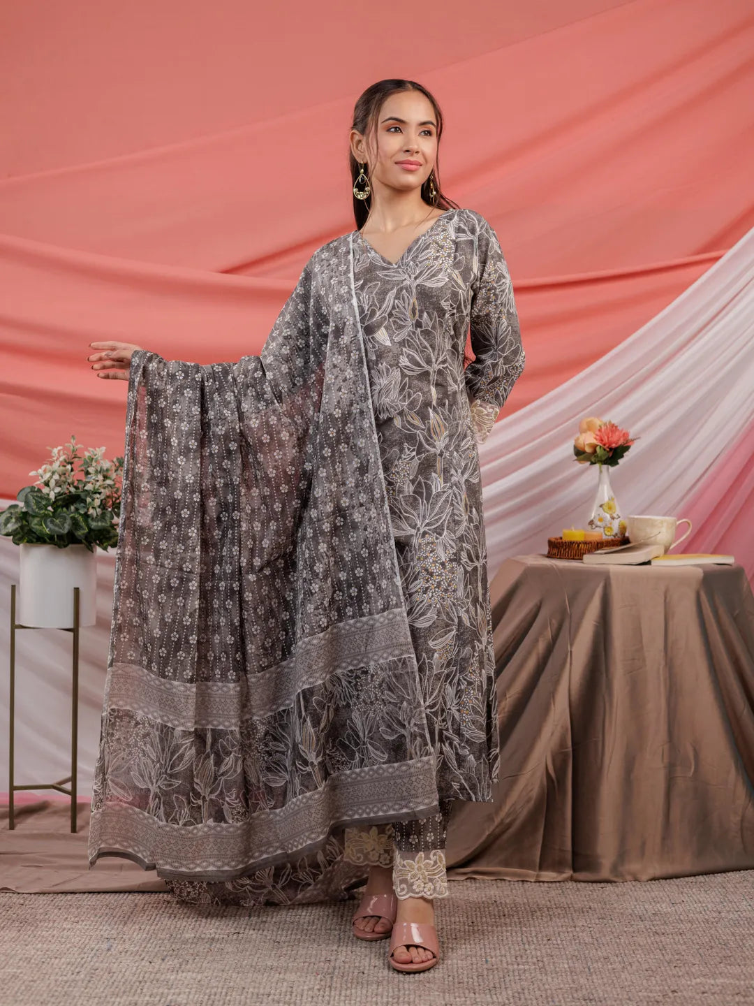 Grey Floral Print Cotton Straight Kurta Trouser Dupatta Set-Yufta Store-7035SKDGYS