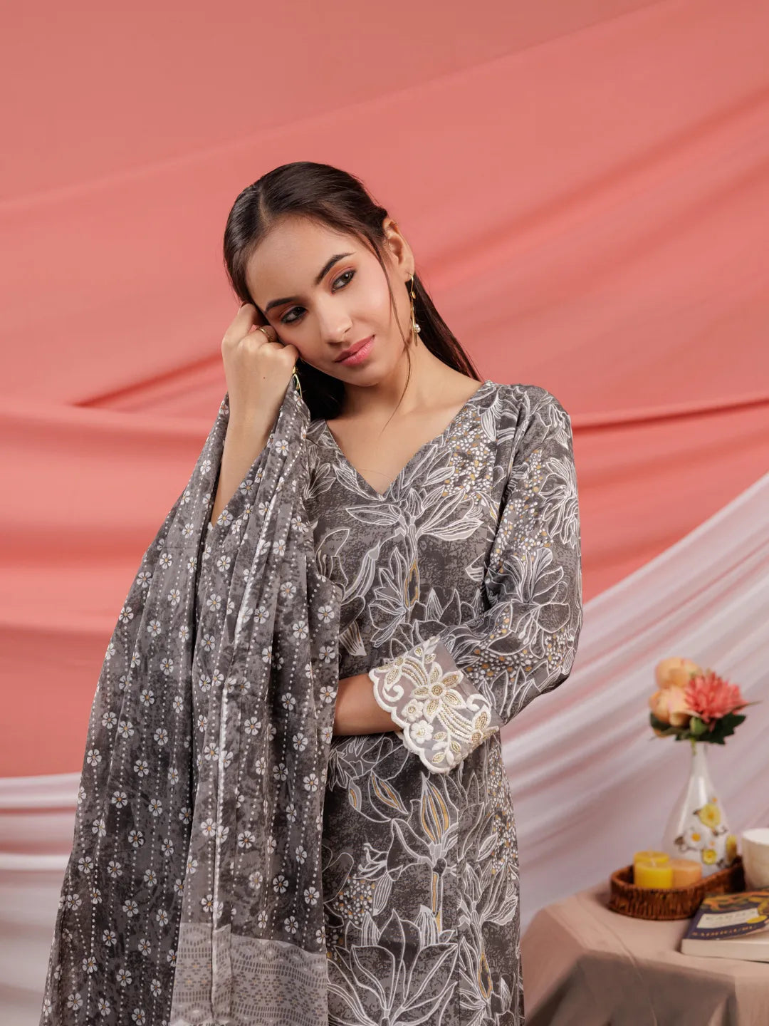 Grey Floral Print Cotton Straight Kurta Trouser Dupatta Set-Yufta Store-7035SKDGYS