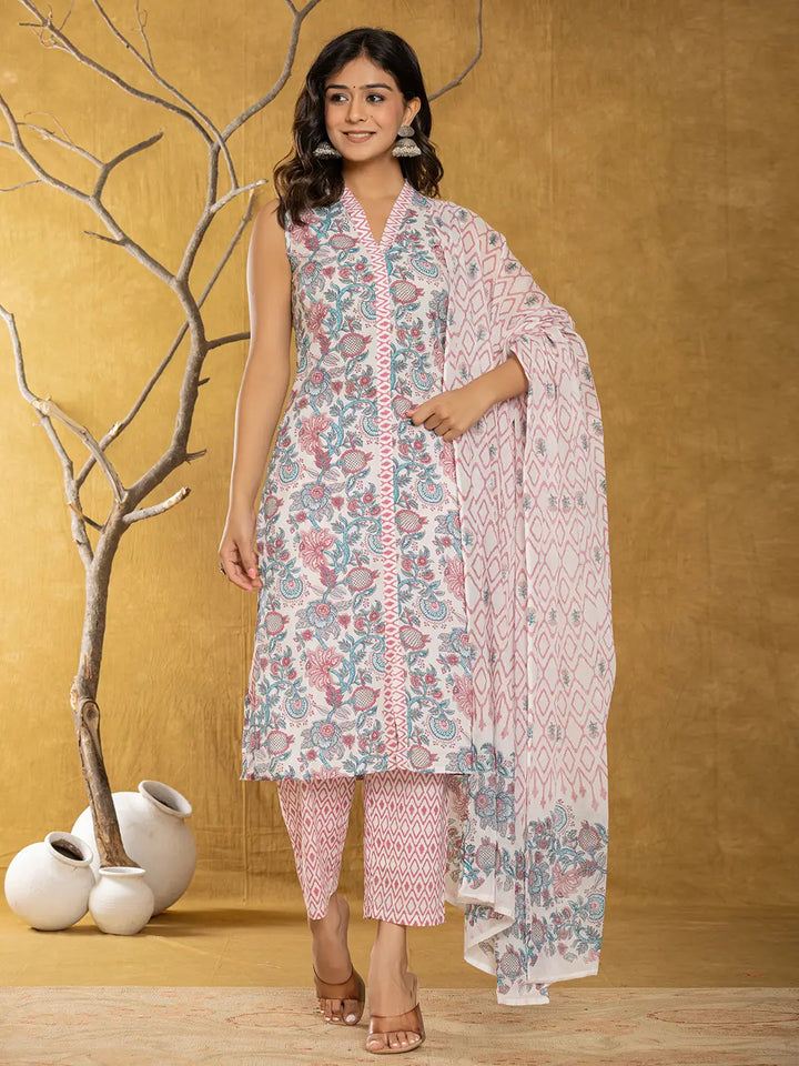 Cotton White Floral Print Kurta Dupatta Set-Yufta Store-7036SKDWHS