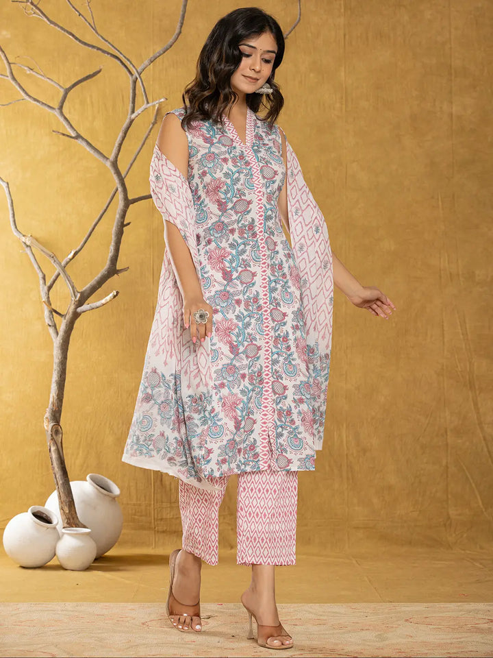 Cotton White Floral Print Kurta Dupatta Set-Yufta Store-7036SKDWHS