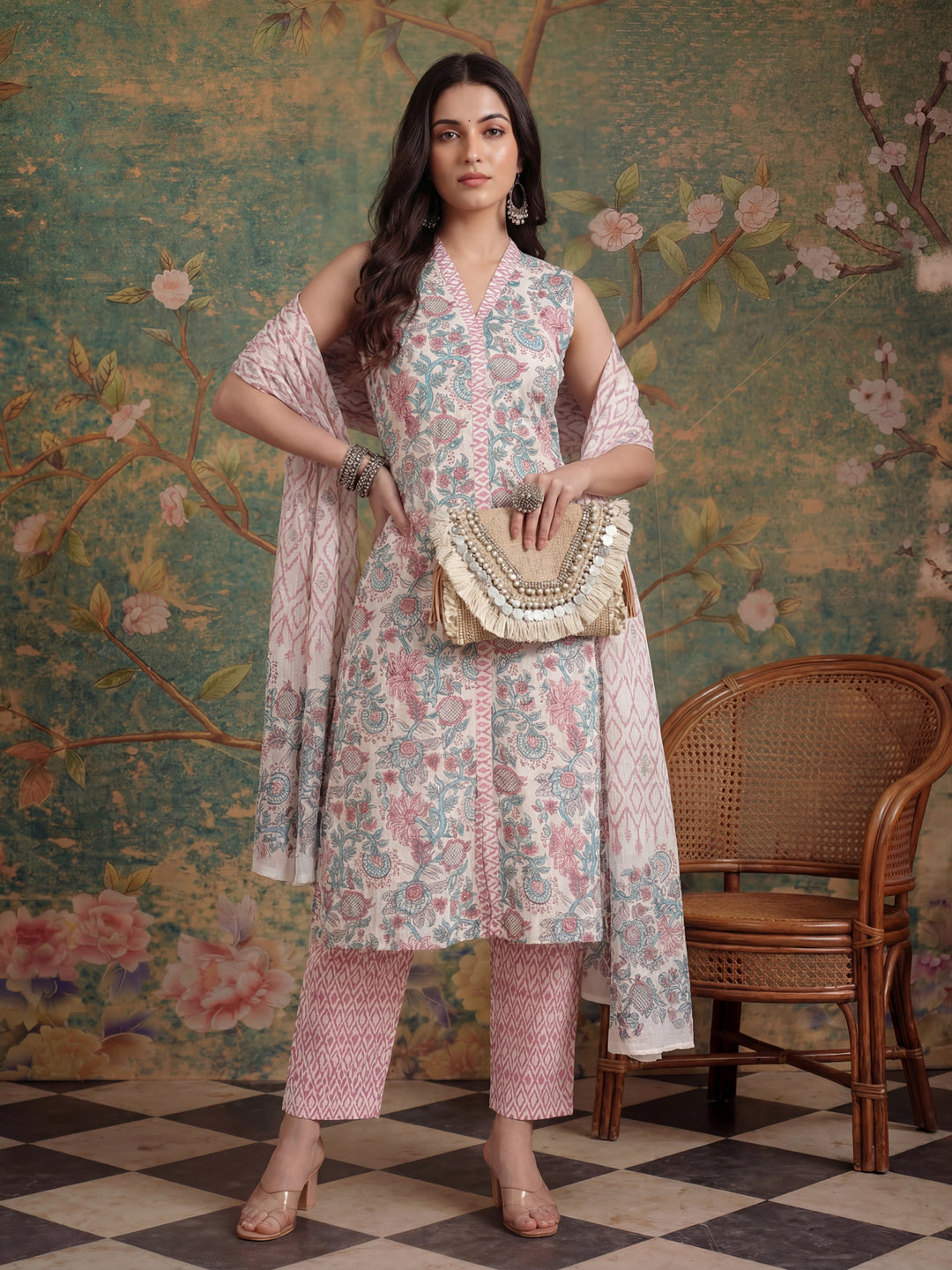 Cotton White Floral Print Kurta Dupatta Set