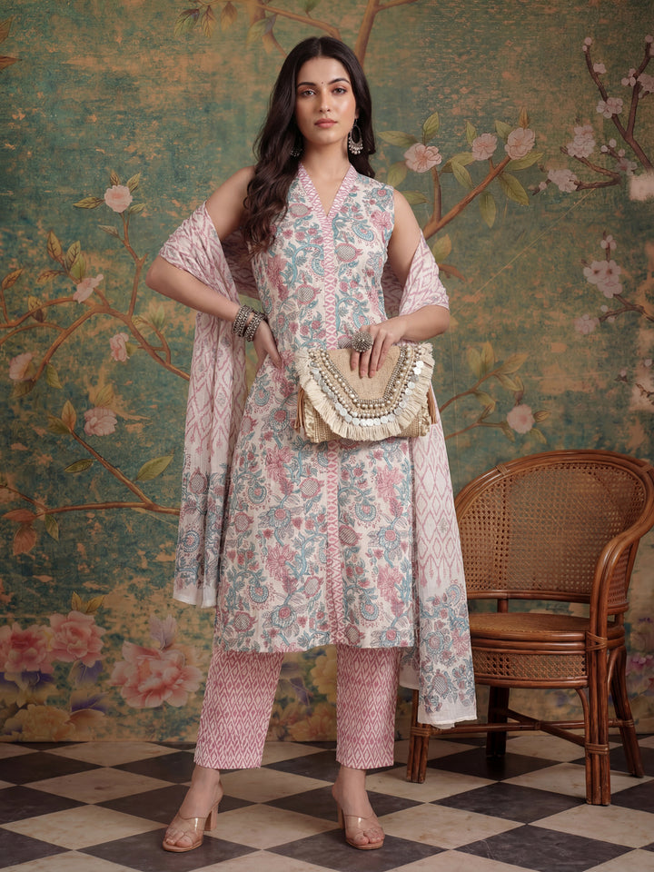 Cotton White Floral Print Kurta Dupatta Set