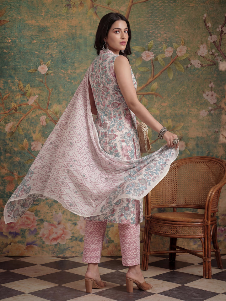 Cotton White Floral Print Kurta Dupatta Set