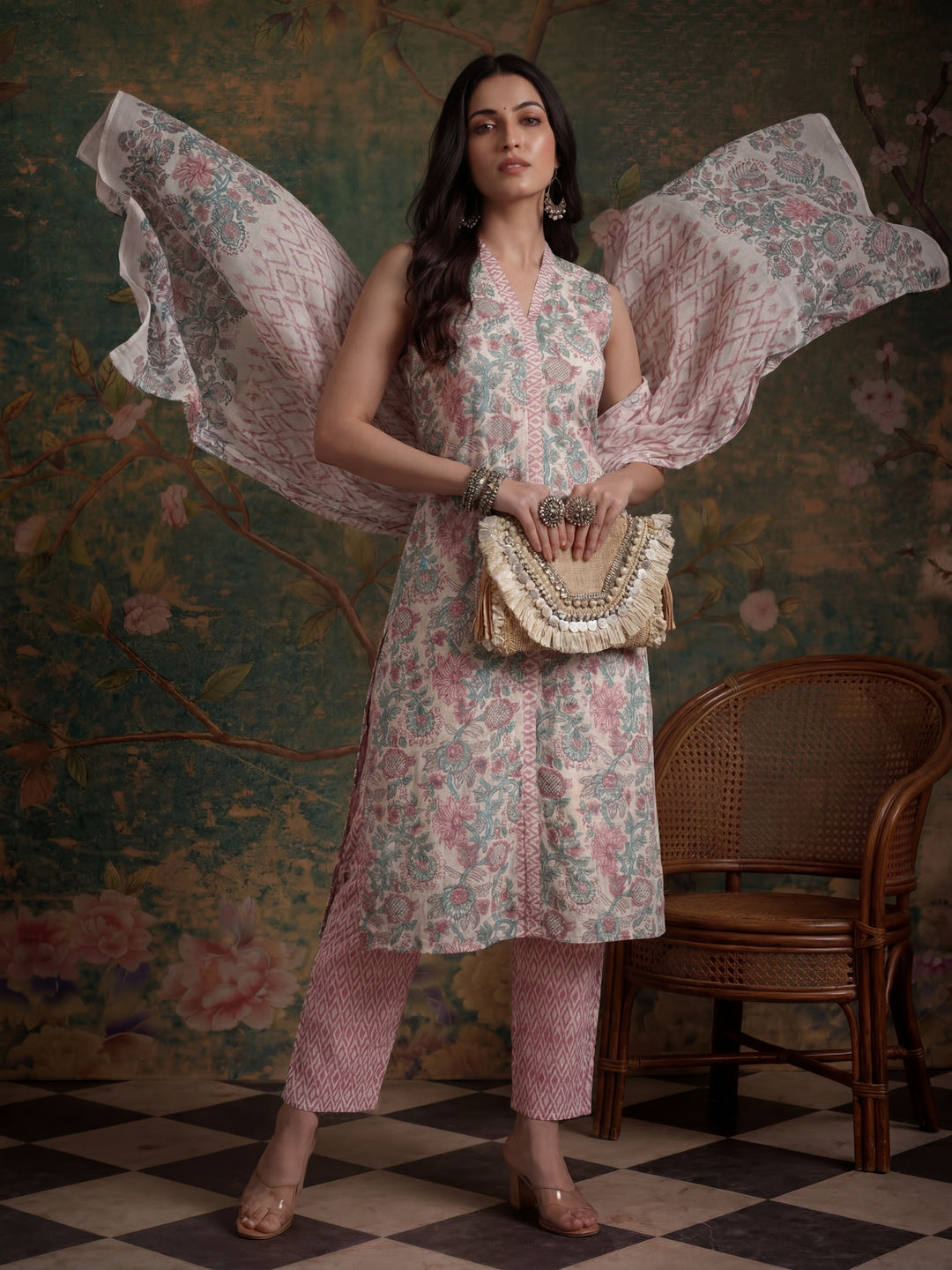 Cotton White Floral Print Kurta Dupatta Set
