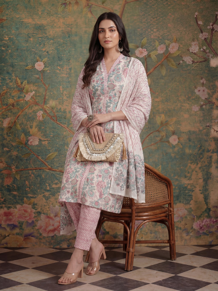 Cotton White Floral Print Kurta Dupatta Set
