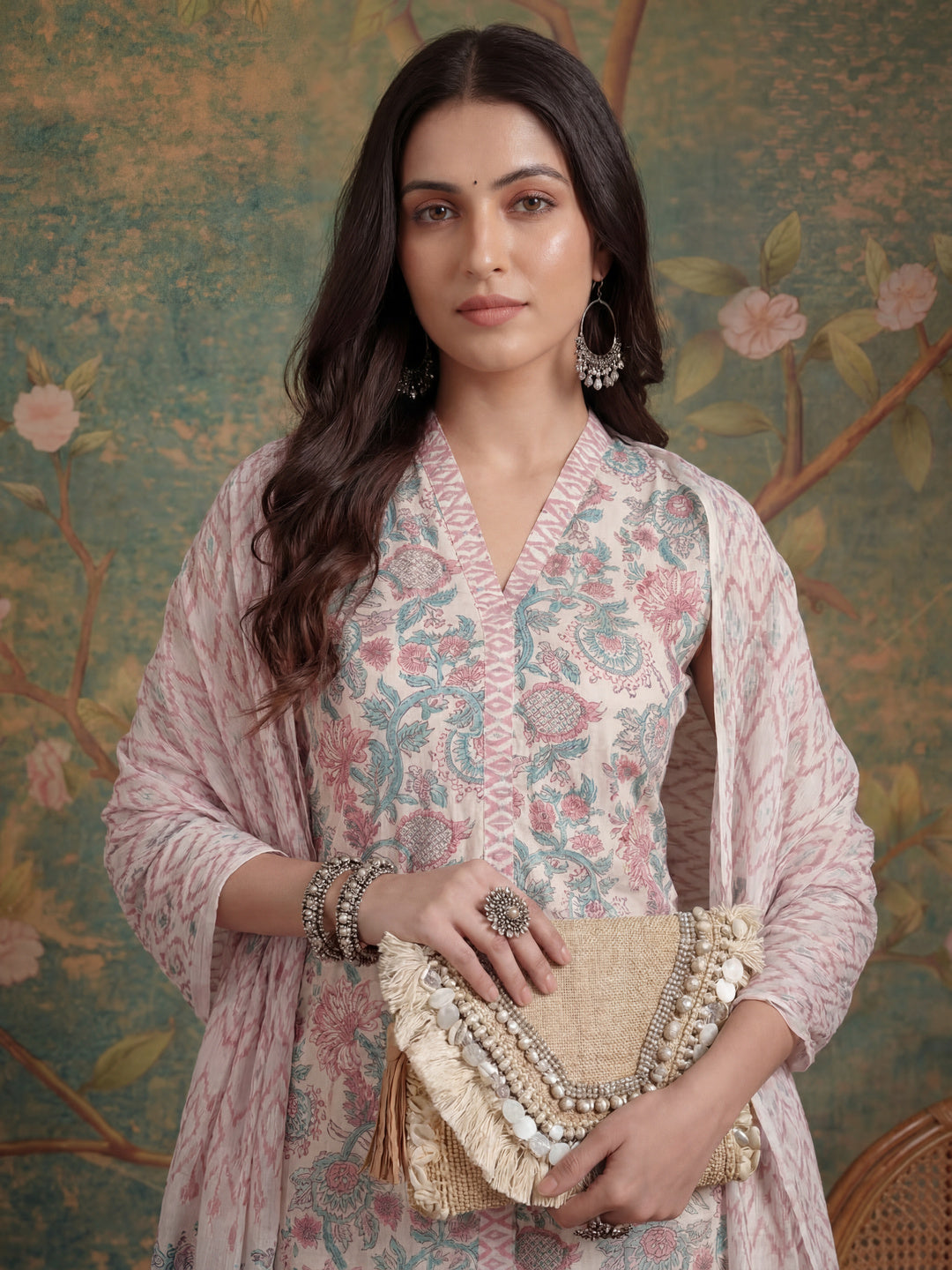Cotton White Floral Print Kurta Dupatta Set