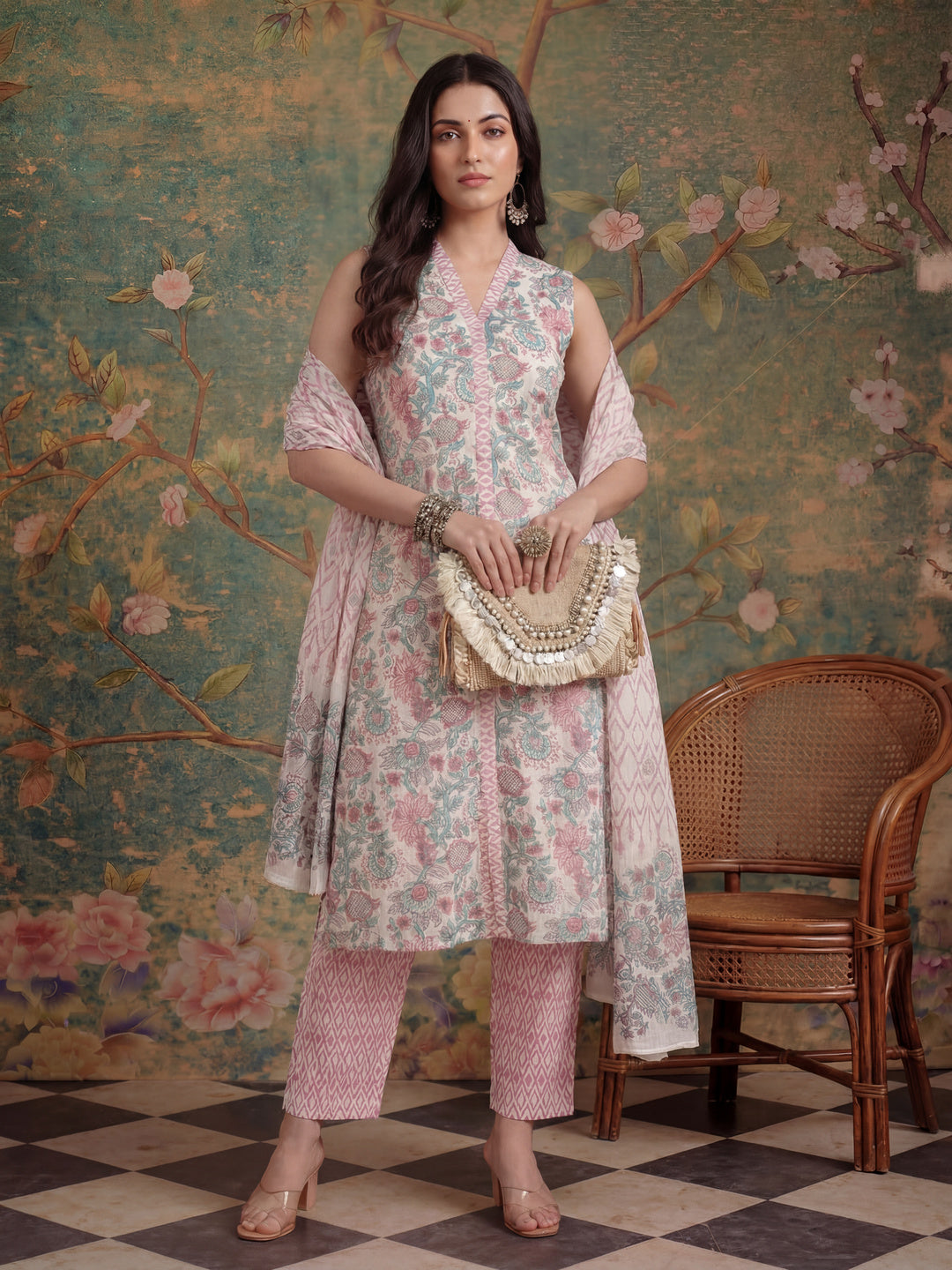 Cotton White Floral Print Kurta Dupatta Set