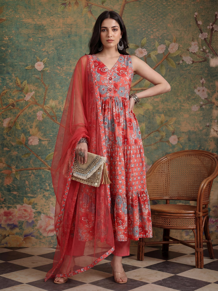 Pink Pure Cotton Fit And Flare Tiered Kurta Trouser & Dupatta Set